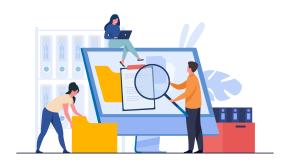 Illustratsioon ülisuurest arvutiekraanist, millest kolm inimest infot otsivad