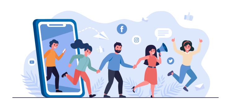 Illustratsioon lõbusatest inimestest, kes justkui tulevad välja mobiiltelefonist