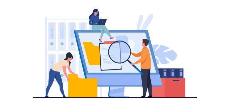 Illustratsioon ülisuurest arvutiekraanist, millest kolm inimest infot otsivad